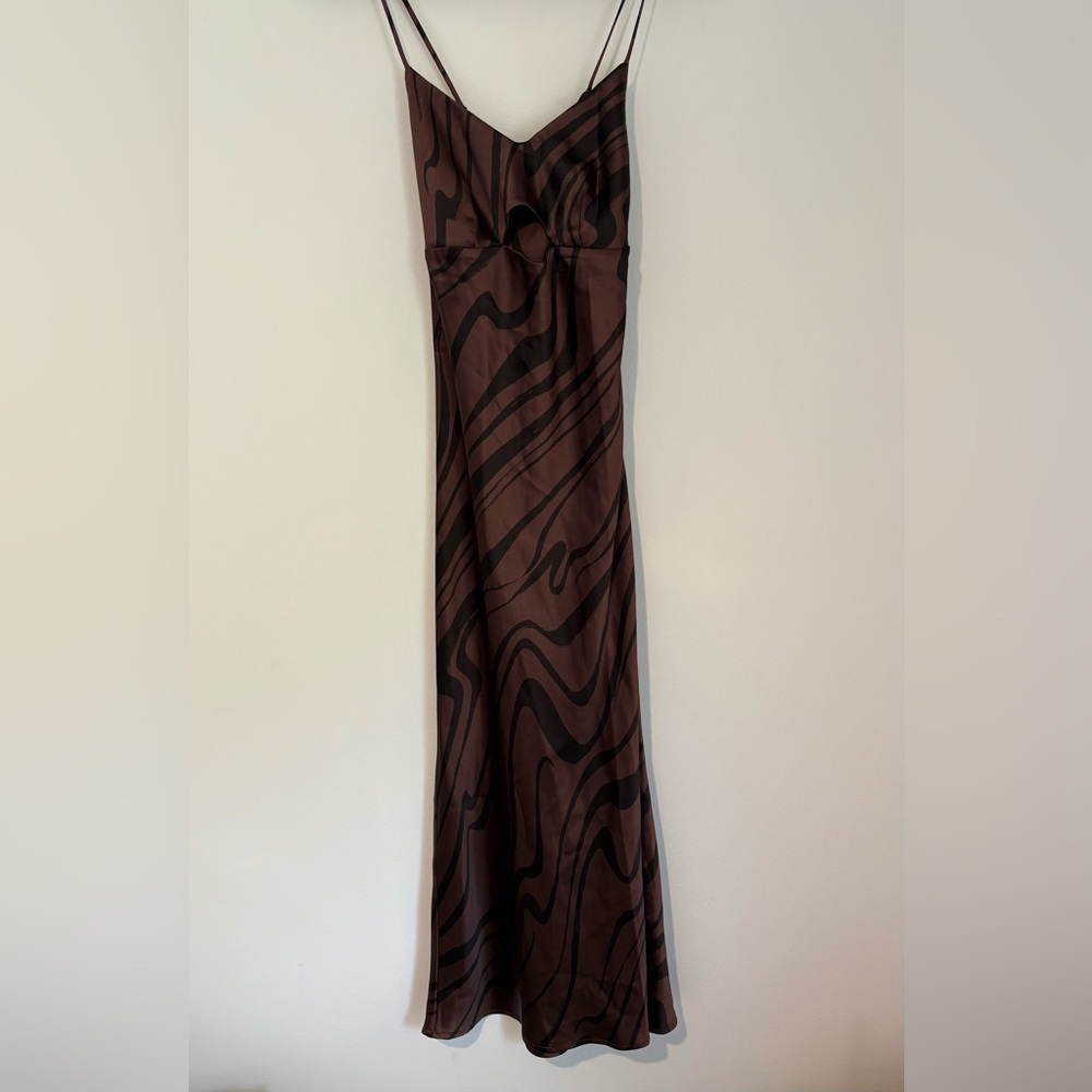 House of Harlow 1960 Satin Maxi Slip Dress Brown Cut Out Spaghetti Straps Small
